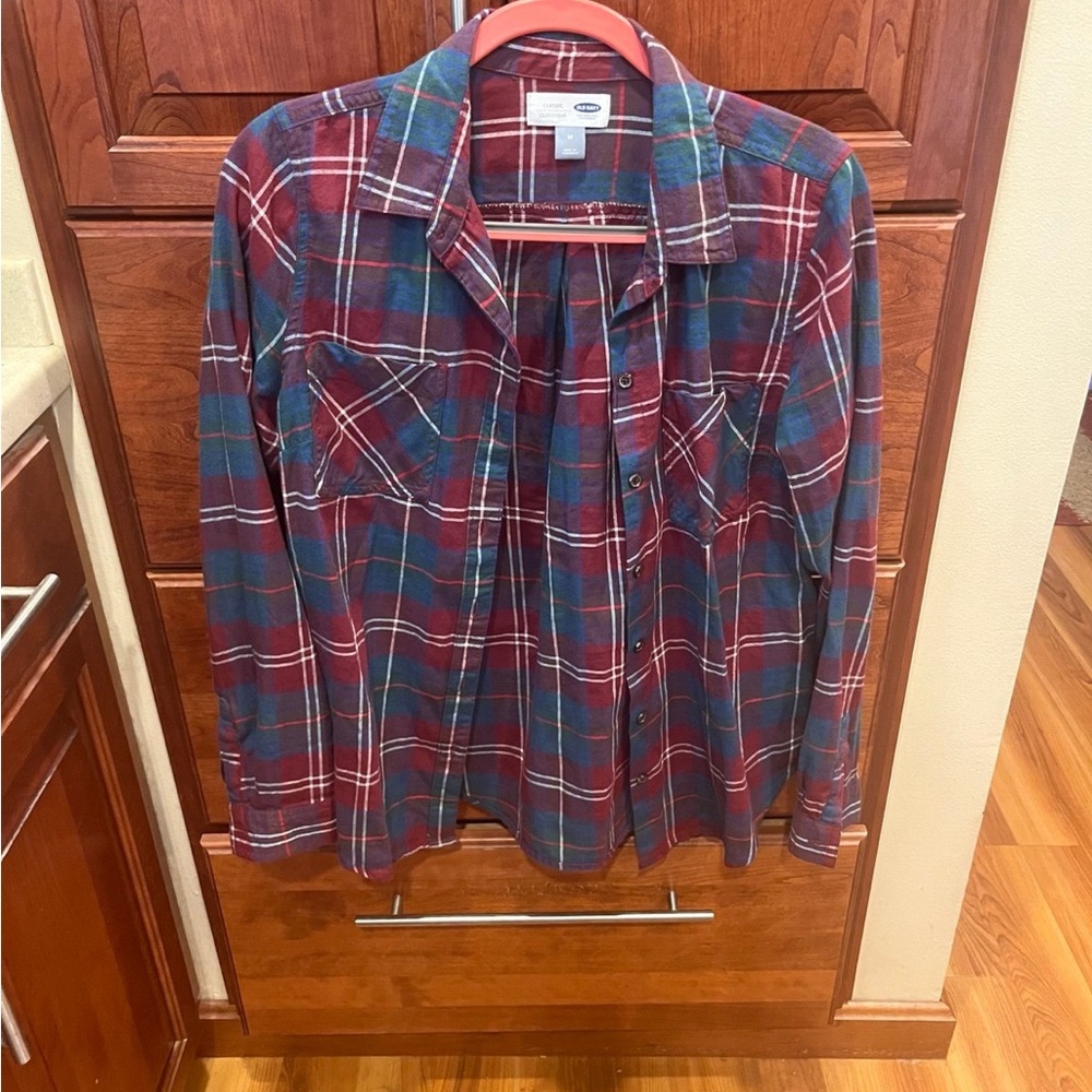 Old Navy Casual Plaid lightweight flannel shirt size medium Burgundy and Teal